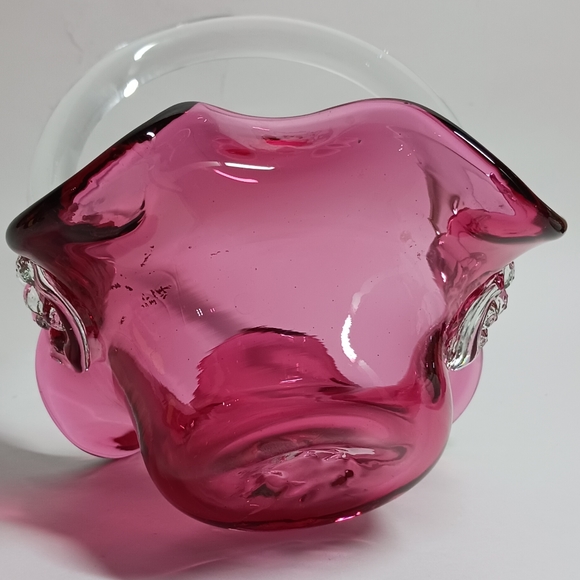 Hand Blown Pink Glass Basket with Clear Glass Handle Applied Flowers on Sides - Picture 3 of 3